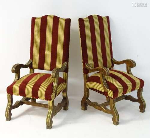 A pair of mid / late 19thC open armchairs with scrolled