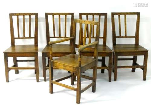 A group of five (4+1) oak dining chairs, with slatted