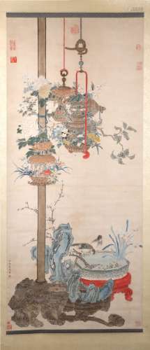 A Chinese Hand-drawn Painting of Flowers and Birds Signed By Yu Xing