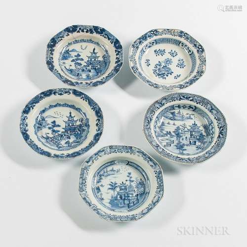 Five Blue and White Octagonal Export Porcelain Soup Plates