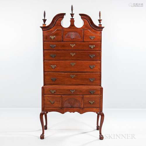 Carved Walnut Scroll-top High Chest of Drawers