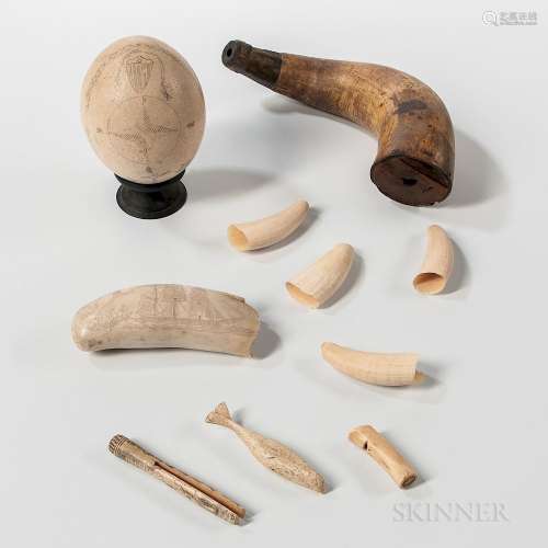 Modern Scrimshaw-decorated Whale's Tooth, Four Undecorated Teeth, an Ostrich Egg, Three Bone Items, and a Powder Horn