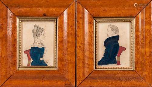 Attributed to J.M. Crowley (American, 19th Century)  Pair of Miniature Portraits of a Man and Woman