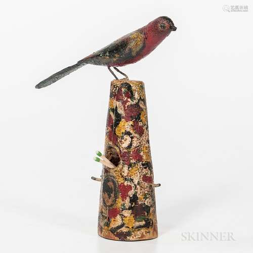 Carved and Painted Folk Art Bird Match Holder and Striker