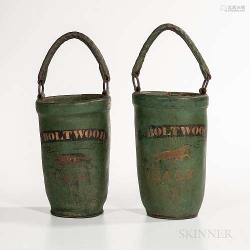 Pair of Green-painted and Decorated Leather Fire Buckets
