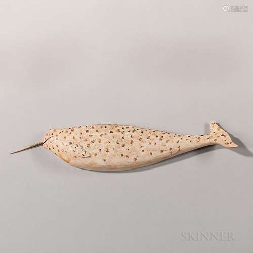 Carved and Painted Wooden Narwhal Plaque