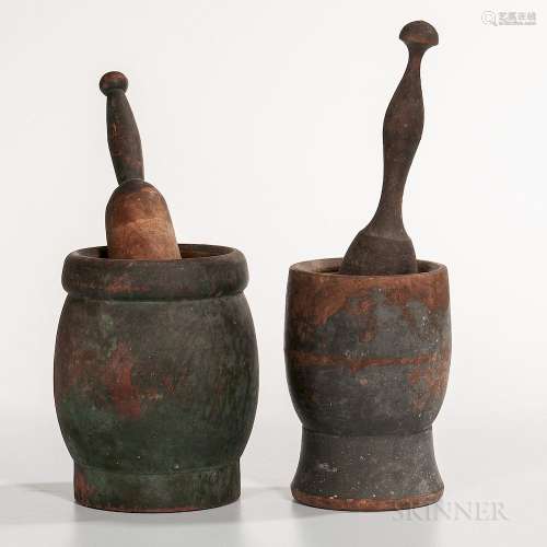 Two Turned and Painted Mortar and Pestles