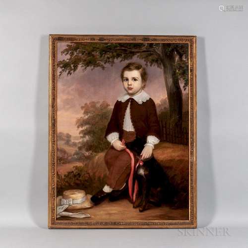 American School, 19th Century  Portrait of a Boy with His Dog and Purple Sunset Beyond