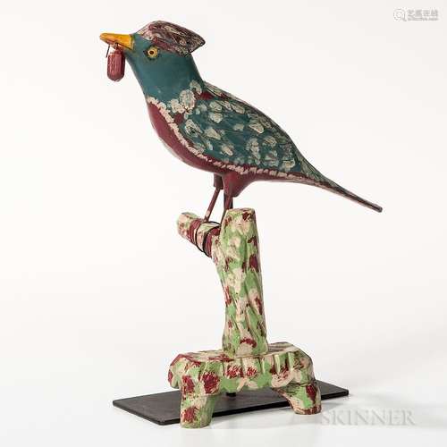 Small Carved and Painted Bird on Perch