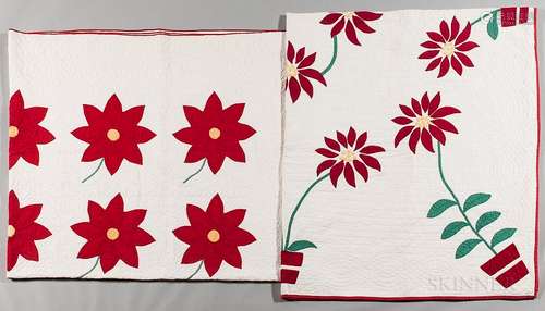 Two Hand-stitched Floral Applique Quilts