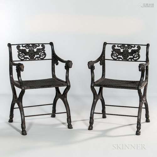 Pair of Black-painted Neoclassical Cast Iron Chairs