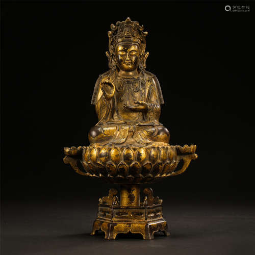 CHINESE GILT BRONZE SEATED BUDDHA ON LOTUS STAND