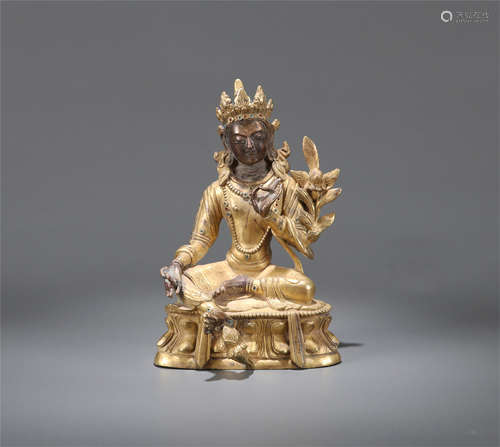 CHINESE GILT BRONZE SEATED TARA WITH LOTUS