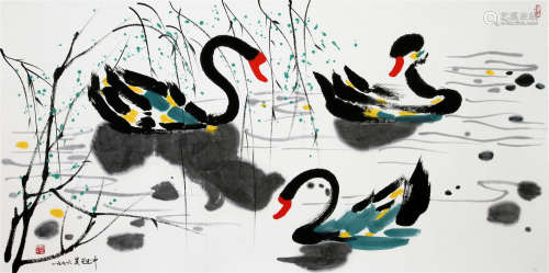 CHINESE SCROLL PAINTING OF SWAN IN RIVER