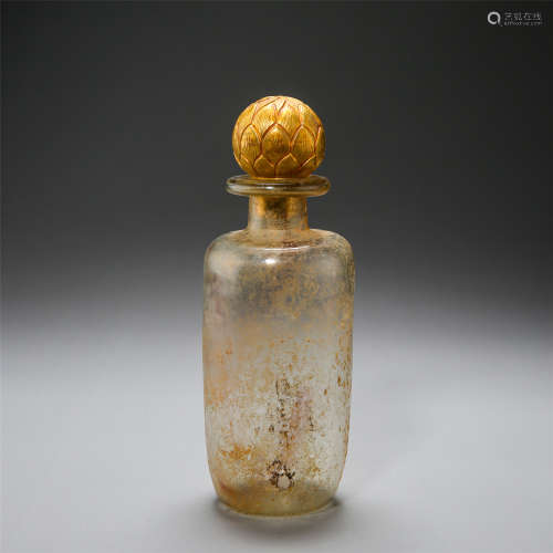 CHIENSE GLASS BUDDHIST RELIC BOTTLE WITH PURE GOLD LIDDER