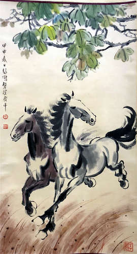 CHINESE SCROLL PAINTING OF HORSE UNDER TREE