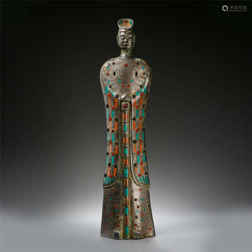 CHINESE GEM STONE INLAID SILVER STANDING FIGURE