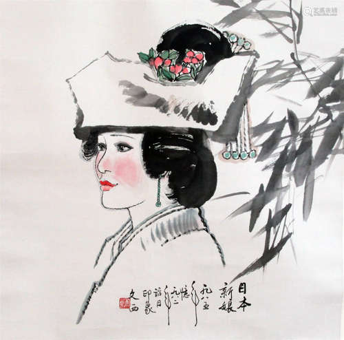 CHINESE SCROLL PAINTING OF GIRL WITH HAT