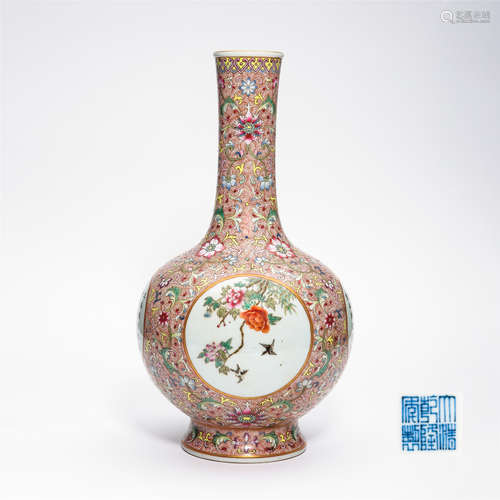 CHINESE PORCELAIN FAMILLE ROSE BIRD AND FLOWER VASE