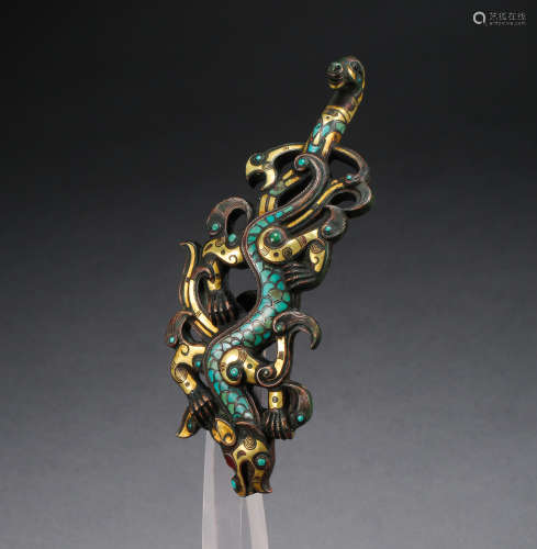CHINESE SILVER GOLD TURQUOISE INLAID BRONZE DRAGON BELT HOOK