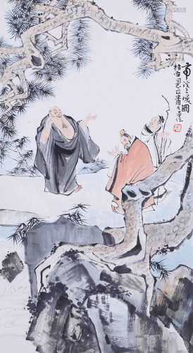 CHINESE SCROLL PAINTING OF MEN UNDER PINE