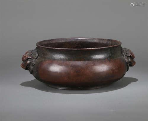 CHINESE BRONZE LION HEAD HANDLE ROUND CENSER