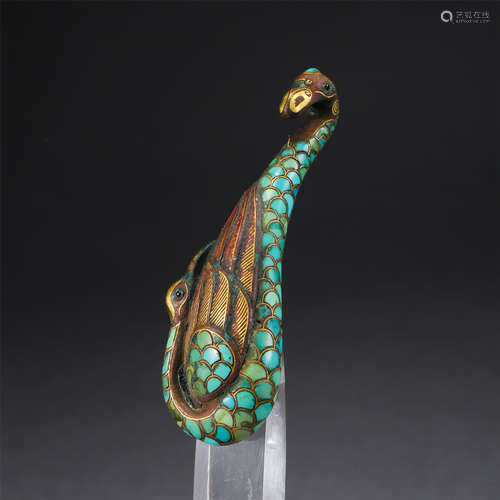 CHINESE GOLD TURQUOISE INLAID BRONZE BIRD BELT HOOK HAN DYNASTY