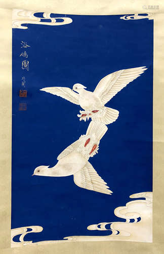 CHINESE SCROLL PAINTING OF BIRD ON BLUE GROUND