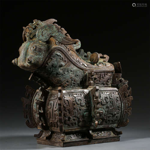 CHINESE ANCIENT BRONZE RAM LIDDED SQUARE CENSER