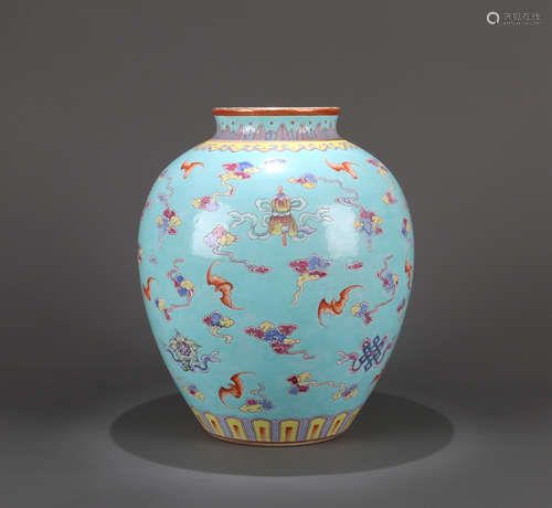 CHINESE PORCELAIN TURQUOISE GLAZE FAMILLE ROSE BAT AND CLOUD JAR