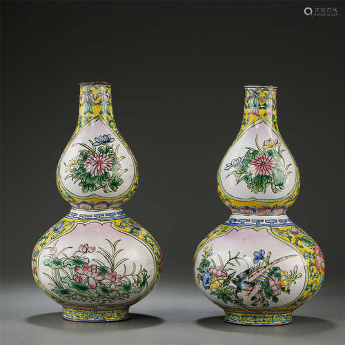 PAIR OF CHINESE ENAMEL FLOWER DOUBLE GOURD VASES