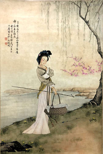 CHINESE SCROLL PAINTING OF BEAUTY UNDER WILLOW