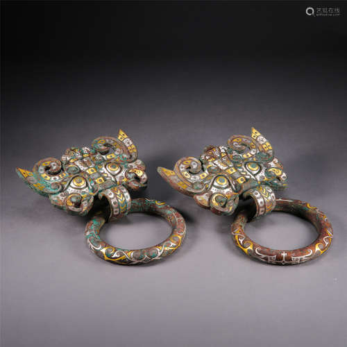 PAIR OF CHINESE SILVER GOLD INLAID BRONZE BEAST FACE DOOR KNOCKERS HAN DYNASTY