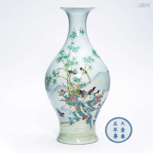 CHINESE PORCELAIN FAMILLE ROSE BIRD AND BAMBOO VASE