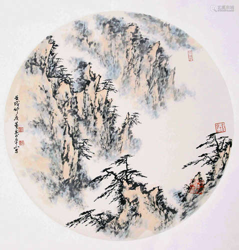 CHINESE ROUND FAN PAINTING OF MOUNTAIN VIEWS