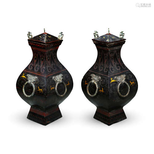 PAIR OF CHINESE LACQUER BRONZE LIDDED SQUARE VASE
