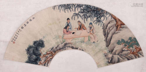 CHINESE FAN PAINTING OF MEN UNDER TREE