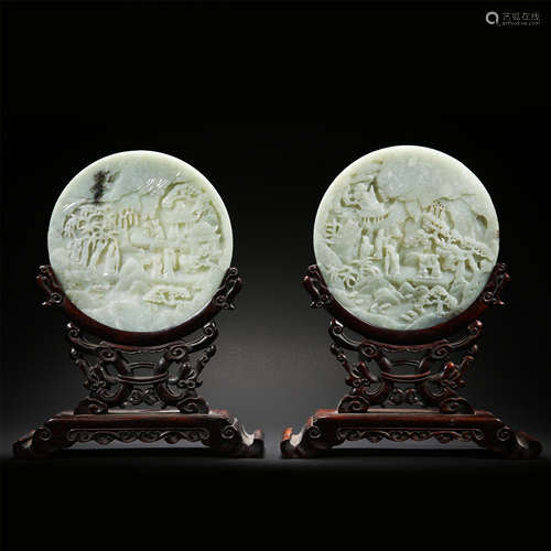 PAIR OF CHINESE JADE ROUND PLAQUE ROSEWOOD TABLE SCREEN