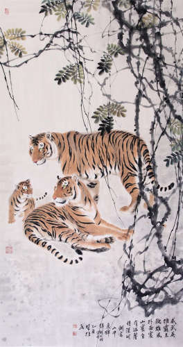 CHINESE SCROLL PAINTING OF TIGER UNDER TREE