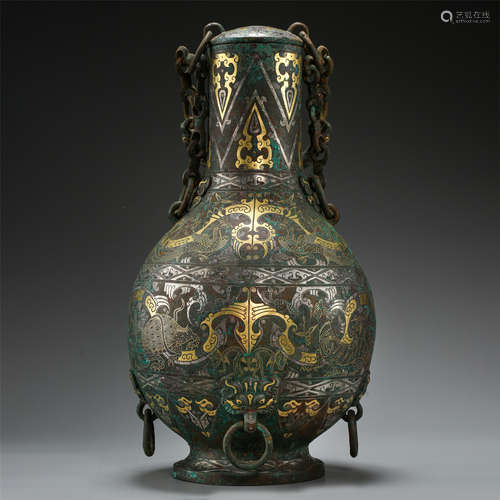 CHINESE GOLD SILVER INLAID BRONZE LIDDED ZUN VASE