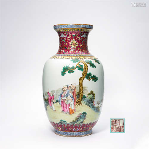 CHINESE PORCELAIN FAMILLE ROSE MAN WITH BOY VASE