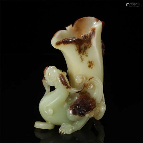 CHINESE CELADON JADE BEAST WITH CUP