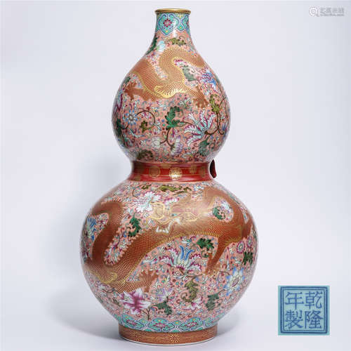 LARGE CHINESE PORCELAIN FAMILLE ROSE DRAGON DOUBLE GROUND VASE