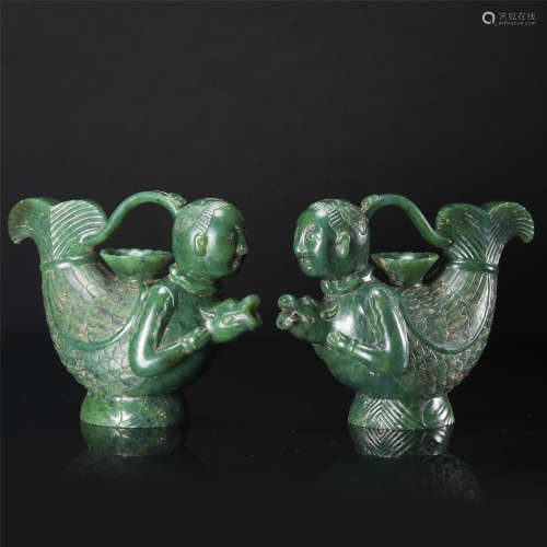 PAIR OF CHINESE SPINACH JADE CHICHEN AND BOY