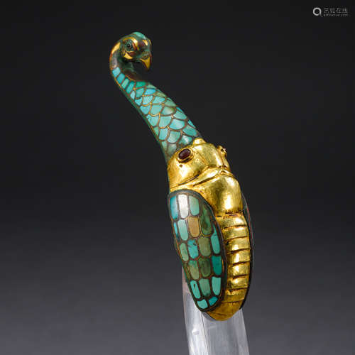 CHINESE GOLD TURQUOISE INLAID BRONZE BIRD BELT HOOK HAN DYNASTY