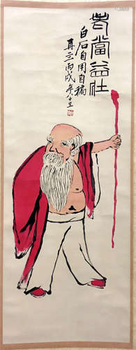 CHINESE SCROLL PAINTING OF OLD MAN WITH CANE