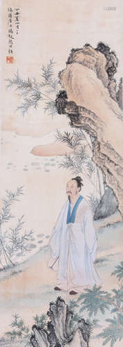 CHINESE SCROLL PAINTING OF MEN IN GARDEN