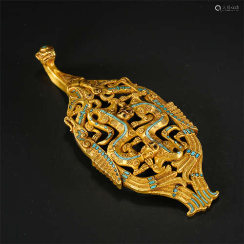 CHINESE TURQUOISE INLAID PURE GOLD DRAGON BELT HOOK