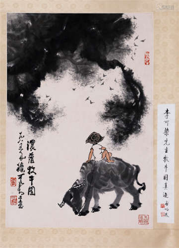 CHINESE SCROLL PAINTING OF BOY WITH OX UNDER TREE