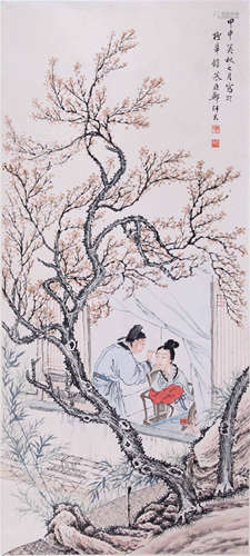 CHINESE SCROLL PAINTING OF COUPLE IN GARDEN